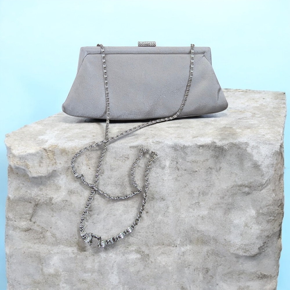 Carlo Fellini Silver Satin Clutch With Chain Strap, Evening Bag